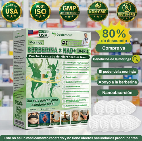 Registrado por la FDA y Certificado por GMP👩‍⚕️👩‍⚕️👩‍⚕️Geelemon® Moringa·Berberine × NAD+ 10 en 1 Parche Avanzado de Nanomicroagujas(¡Siete días de resultados con uso diario!) ✨ Para obesidad, piel suave, diabetes, problemas articulares y más